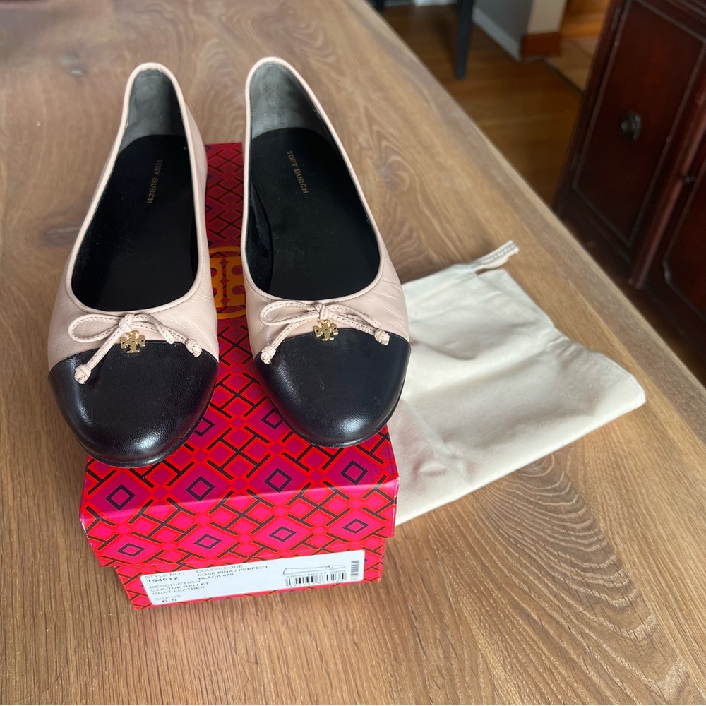 Tory Burch Cap-Toe Black and Pink Ballet Flats with Bow